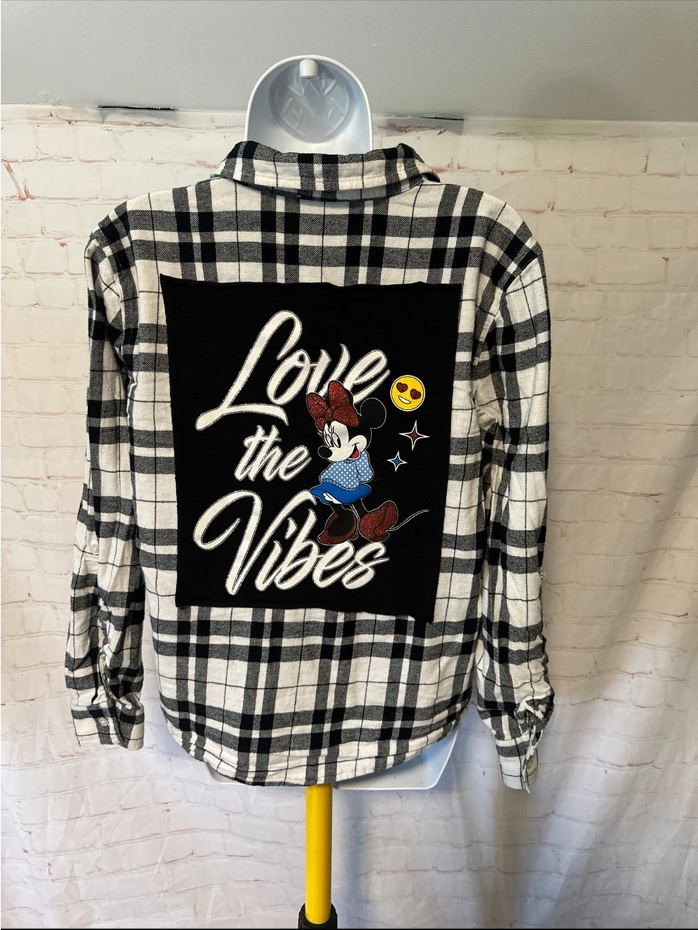 Upcycled Minnie Mouse Love The Vibes Tee Flannel Sz M
